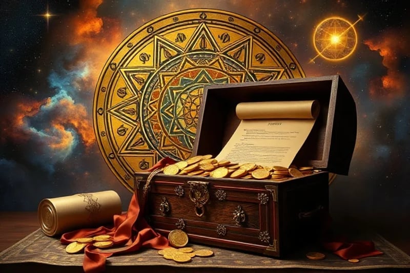 Bodegón conceptual con monedas de oro antiguas, joyas y un pergamino con símbolos astrológicos, representando la prosperidad.