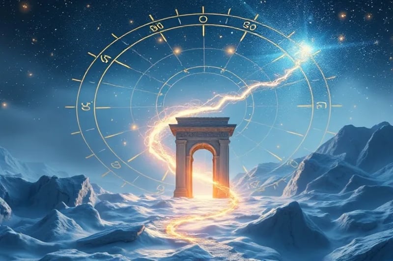 Representación abstracta de un camino espiritual, con un hilo de luz que serpentea entre símbolos de sabiduría y transformación.
