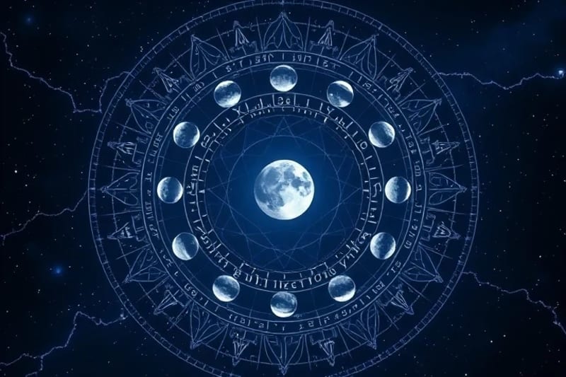 Unveiling the Lunar Mansions' Celestial Path Celestial map of lunar path with glowing symbols