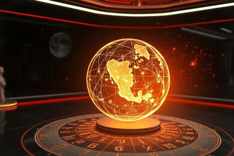 Representación futurista de un mapa estelar holográfico proyectando datos personalizados sobre un individuo, con elementos de interfaz de usuario de IA y símbolos astrológicos.