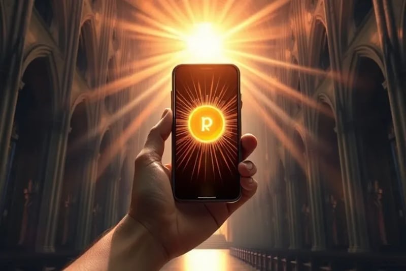 Una mano humana silueteada, sosteniendo un smartphone que emite un brillo intenso, con un fondo abstracto de ruido digital y símbolos de redes sociales, contrastando con un pequeño punto de luz serena en el centro.