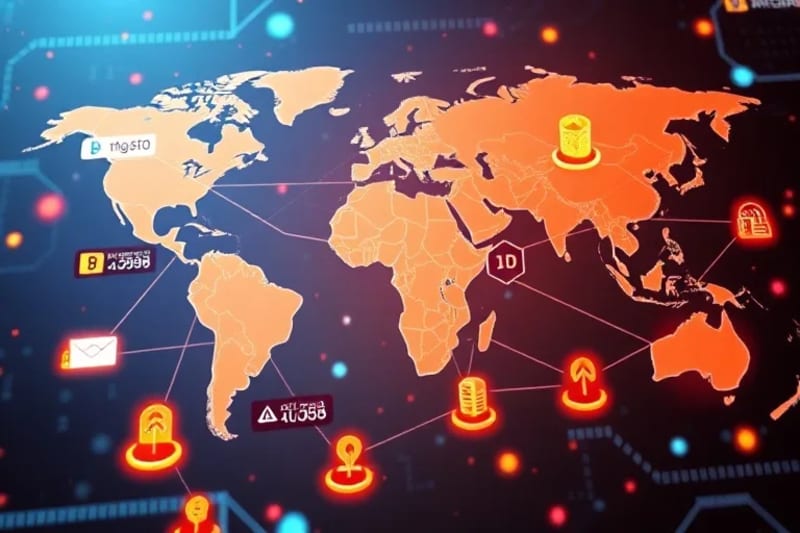 Stylized infographic showing blockchain's role in connecting remote communities to financial services like remittances and microloans.