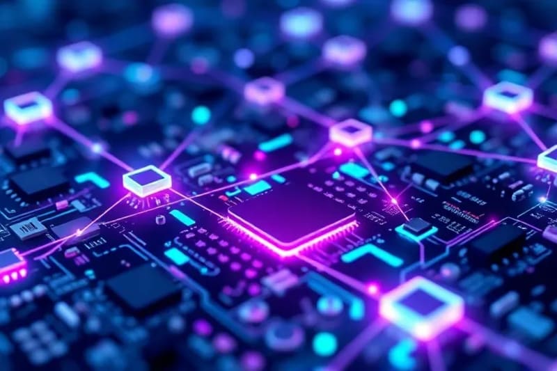Abstract 3D render of interconnected glowing nodes and geometric shapes, representing a secure and transparent blockchain network.