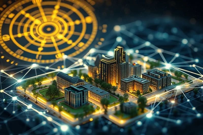 Render 3D de una red neuronal superpuesta sobre un modelo de ciudad, simbolizando la IA en la planificación urbana.