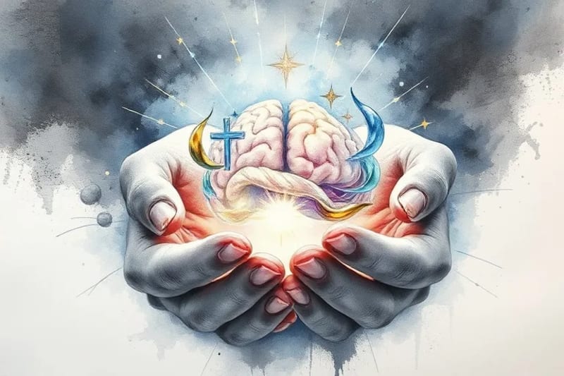 Representación acuarela de manos sosteniendo un cerebro luminoso, conectando con símbolos religiosos etéreos.