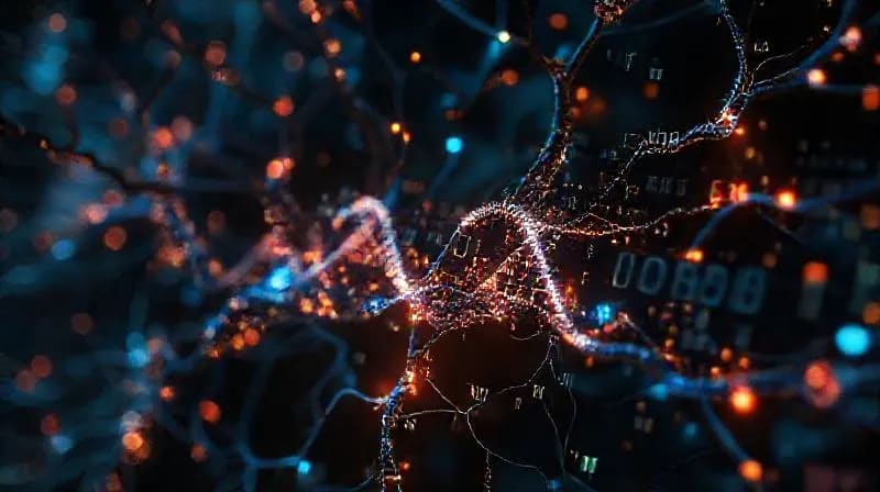 Detalle macro de una red neuronal con fragmentos de escritura antigua y el gen FOXP2