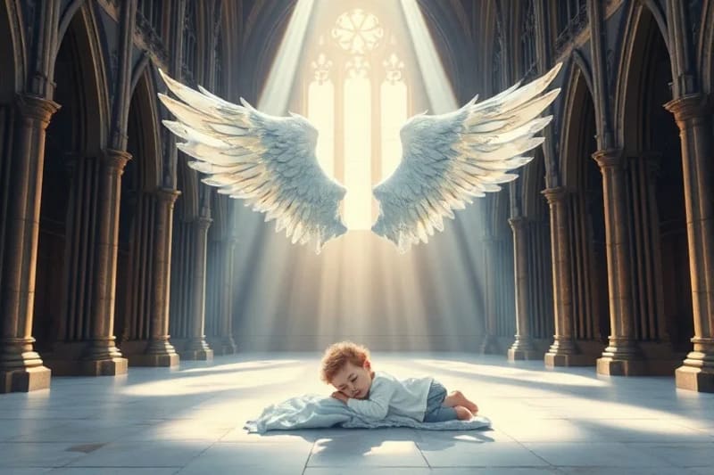 Ilustración acuarela de un ángel guardián velando sobre un niño dormido en una habitación serena.