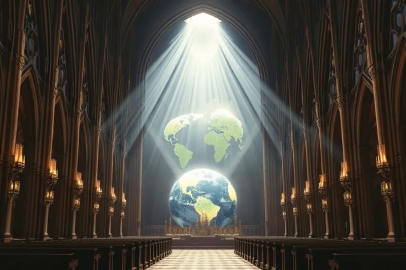 Arte vectorial de figuras luminosas del coro de los Principados supervisando un globo estilizado con ciudades interconectadas.