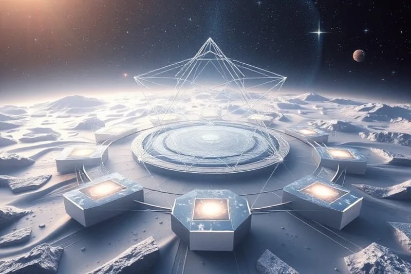 3D render of an ethereal digital landscape with floating platforms and glowing pathways