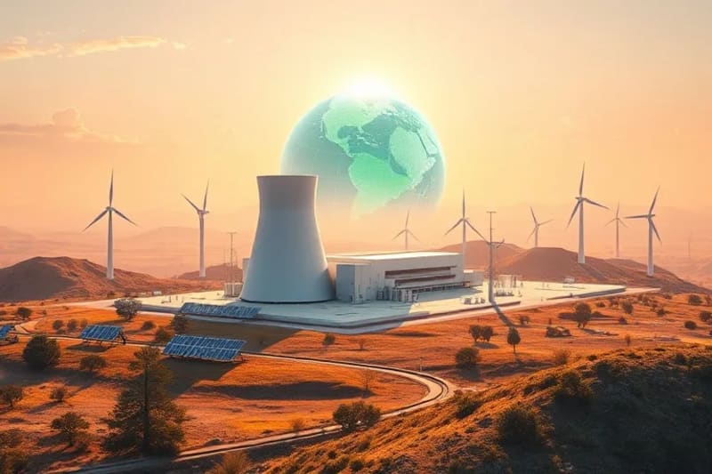 Paisaje con una planta de energía nuclear futurista, integrada con paneles solares y turbinas eólicas, simbolizando una red energética sostenible.
