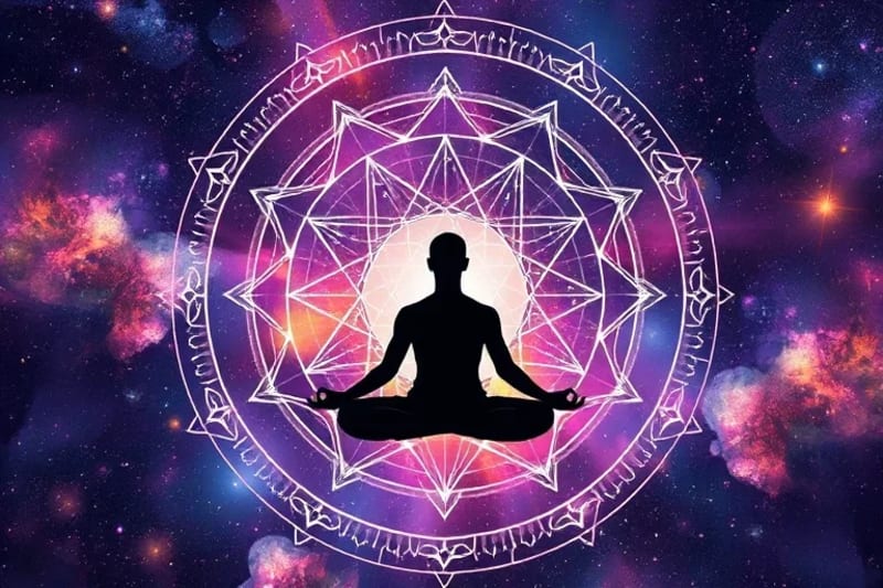 Silueta meditando con patrones energéticos