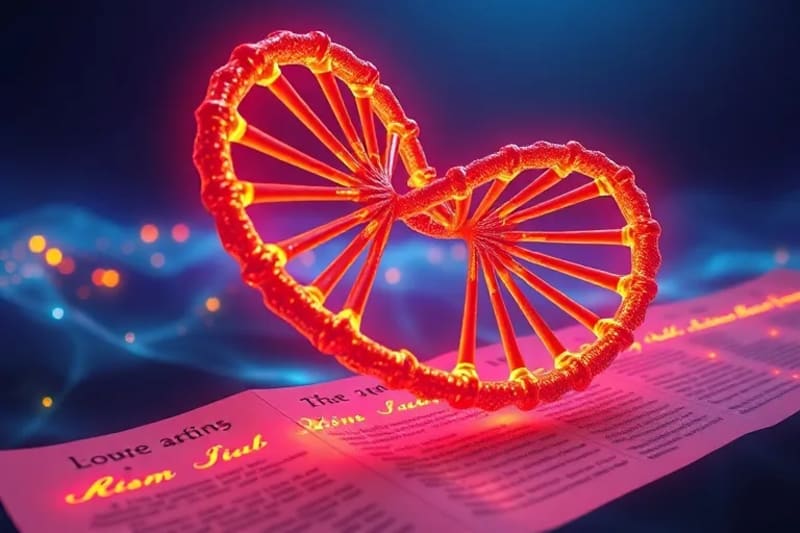 Abstract 3D render of a DNA helix interwoven with ancient symbols, representing the fusion of faith and science.