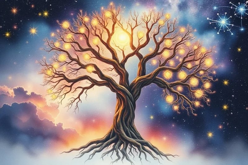 Árbol genealógico con símbolos astrológicos y conexiones kármicas