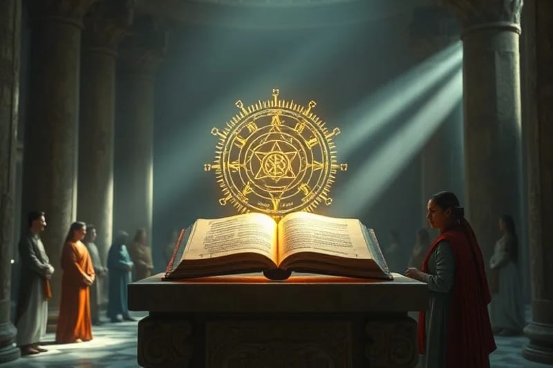 Grupo diverso de personas interactuando con una proyección holográfica de símbolos espirituales y datos, en un entorno futurista.