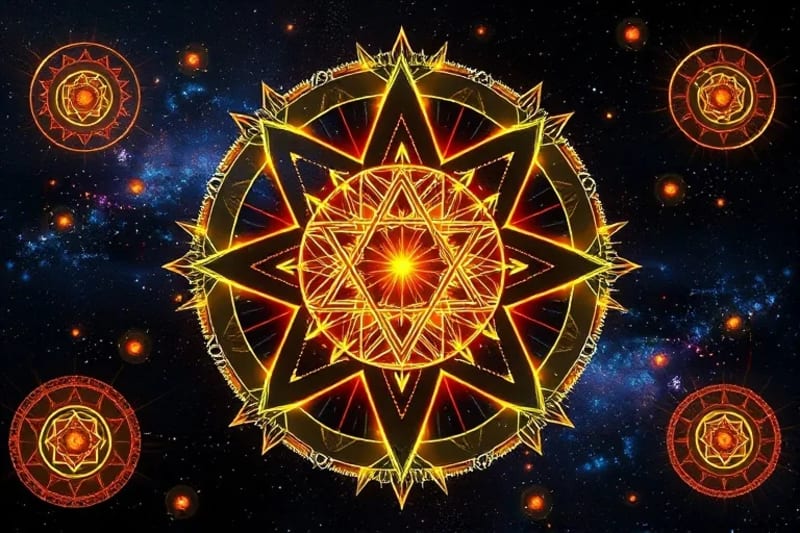Abstract digital painting representing the seven Hermetic principles as interconnected glowing geometric shapes.