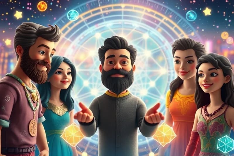 Grupo de personas interactuando con patrones de geometría sagrada luminosos en un entorno digital