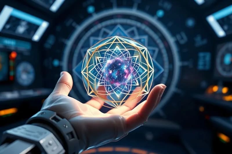 3D render of a robotic hand touching a glowing galaxy orb, symbolizing discovery.