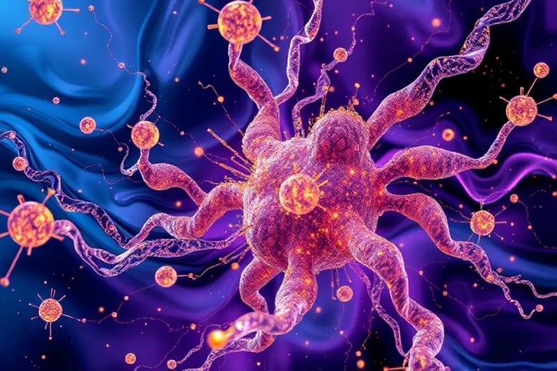 Representación 3D abstracta de la regeneración celular y los procesos antienvejecimiento a nivel microscópico