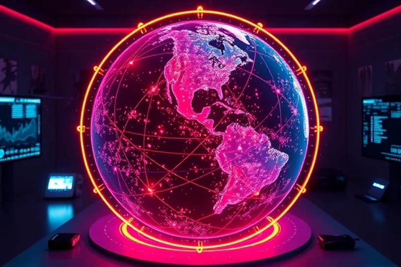 3D render of a holographic Earth with interconnected data nodes and planetary orbits, symbolizing collective consciousness and future trends.
