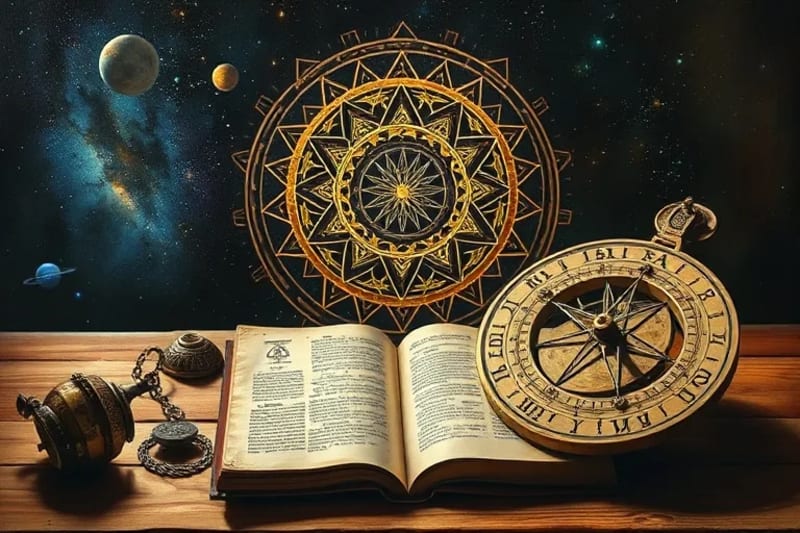 Still life of ancient astronomical tools like a Babylonian tablet, Mayan codex, and Egyptian astrolabe.