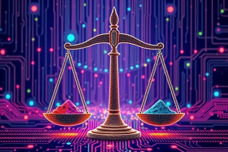 Vector illustration of legal scales balancing a paintbrush and a circuit board, symbolizing intellectual property debates in AI art.