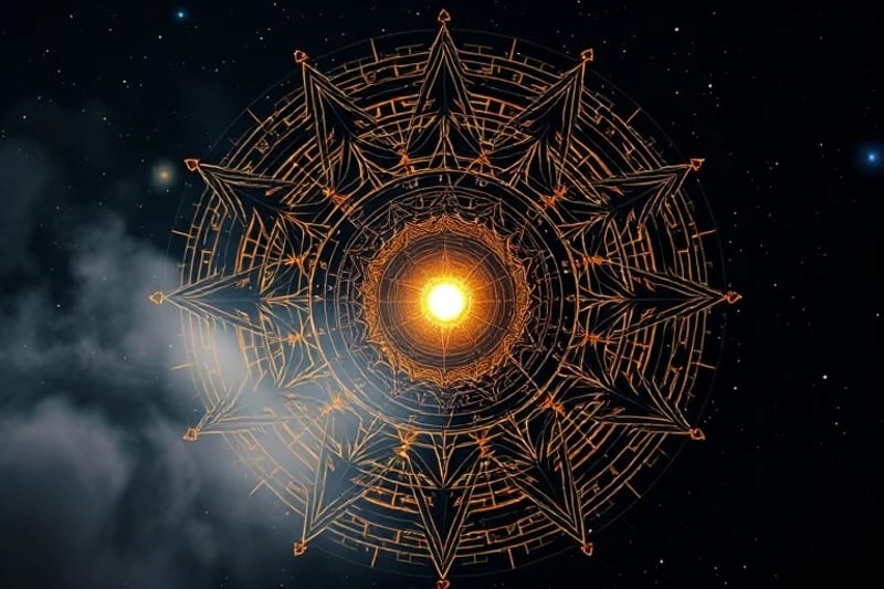Fragmented holographic projections of ancient star maps and planetary orbits, partially obscured by digital mist.