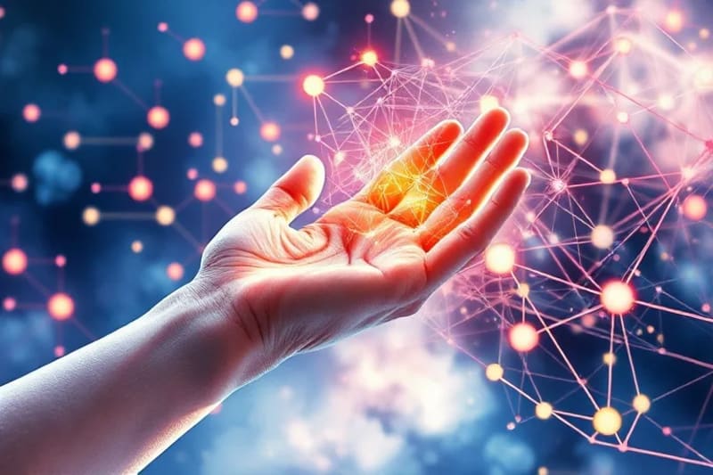 3D render of a human hand touching a glowing neural network, from which organic art forms emerge, representing the synergy of human and AI creativity.