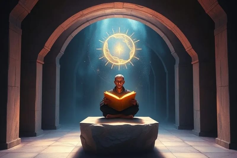 Figura meditando en un espacio moderno, rodeada de luz espiritual que disipa proyecciones digitales caóticas