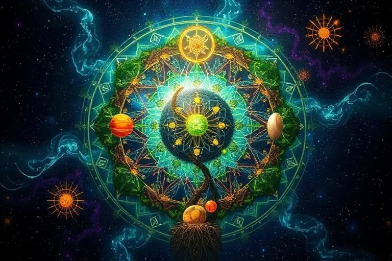Abstract digital painting showing Earth's ecosystems intertwined with subtle cosmic patterns and astrological symbols.