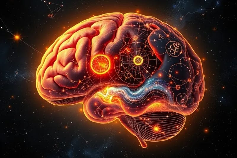 Representación digital de un cerebro fusionándose con un mapa astral