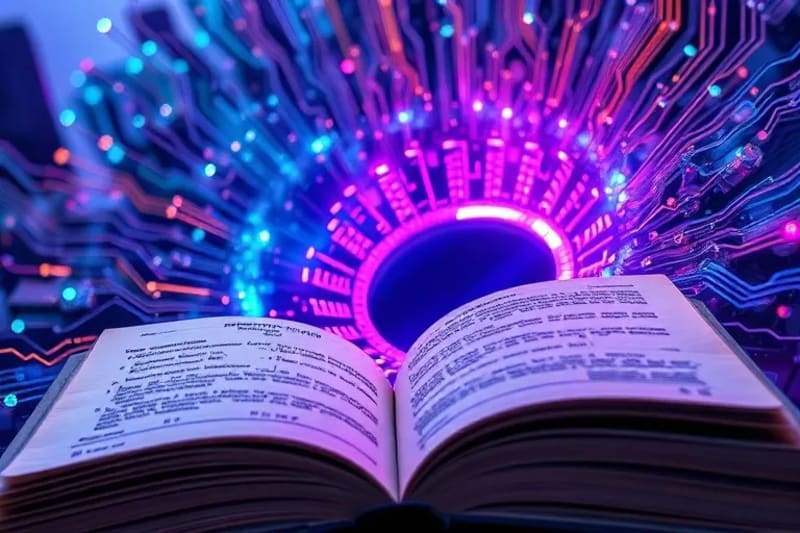 Pintura abstracta de flujos de datos y qubits en tonos azules y púrpuras, convergiendo en un libro antiguo con fórmulas matemáticas