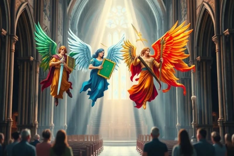 Cuatro arcángeles estilizados: Miguel con espada, Gabriel con pergamino, Rafael con báculo, Uriel con llama, en un consejo etéreo sobre líderes humanos abstractos.