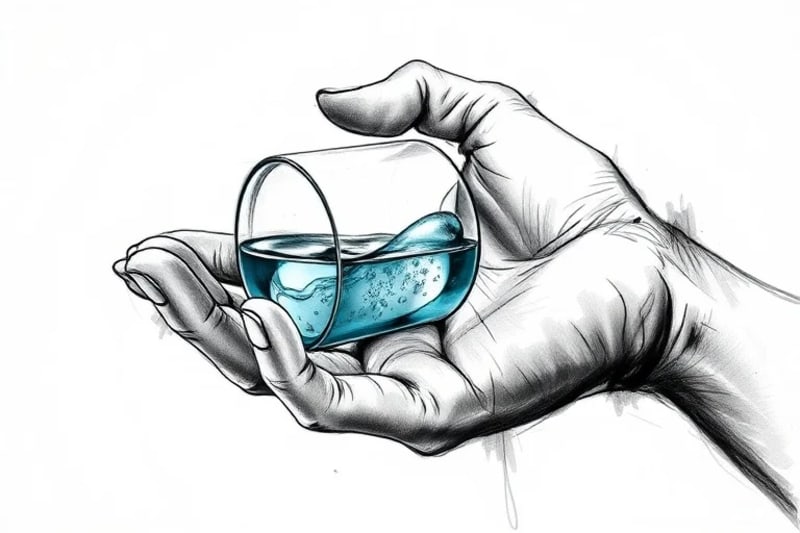 Mano filtrando agua con dispositivo bio-ingenieril, capturando microplásticos vectoriales.