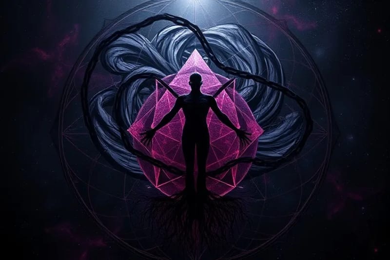 Abstract digital painting of the 'Shadow Self' with dark, swirling colors forming an amorphous shape intertwined with a luminous human-like outline, depicting internal conflict and hidden aspects.