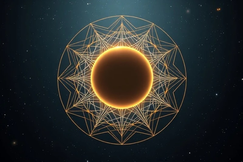 Serene 3D render symbolizing 'Wholeness and Self-Discovery' with a perfectly balanced, glowing sphere resting within a complex geometric structure hinting at a natal chart wheel. The sphere is composed of two merged halves, luminous and subtly darker.
