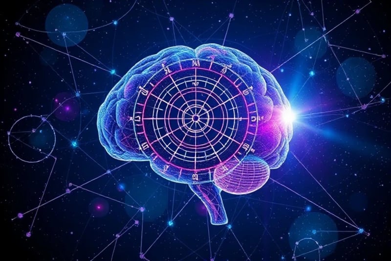 Ilustración vectorial de un cerebro con conexiones neuronales entrelazadas con símbolos astrológicos y flujos de datos digitales.