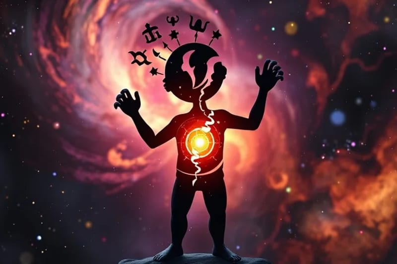 Fragmented human silhouette with astrological symbols representing the process of shadow integration