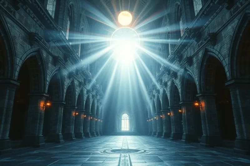 Templo antiguo fusionado con elementos digitales, simbolizando la espiritualidad en la era tecnológica.