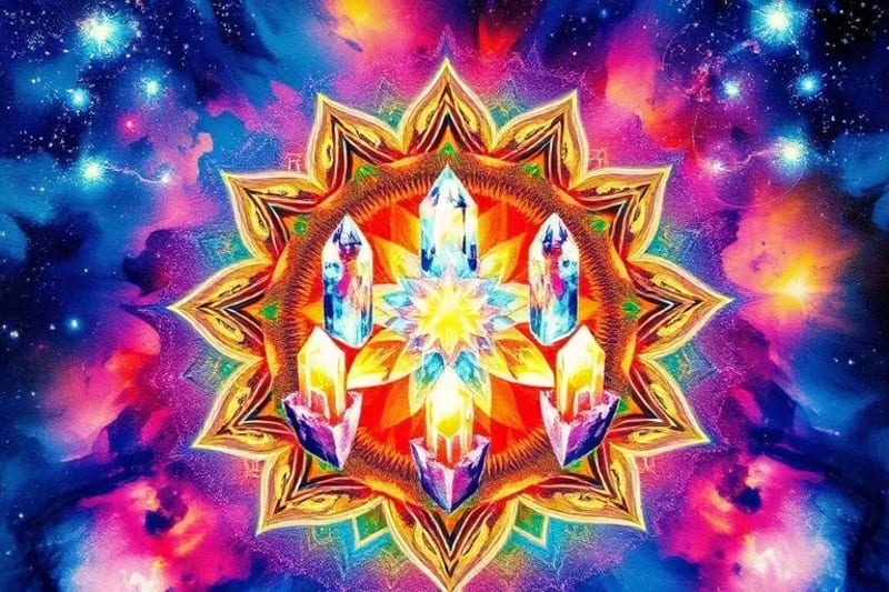 Pintura acuarela abstracta de chakras alineados con cristales luminosos en sus puntos correspondientes.