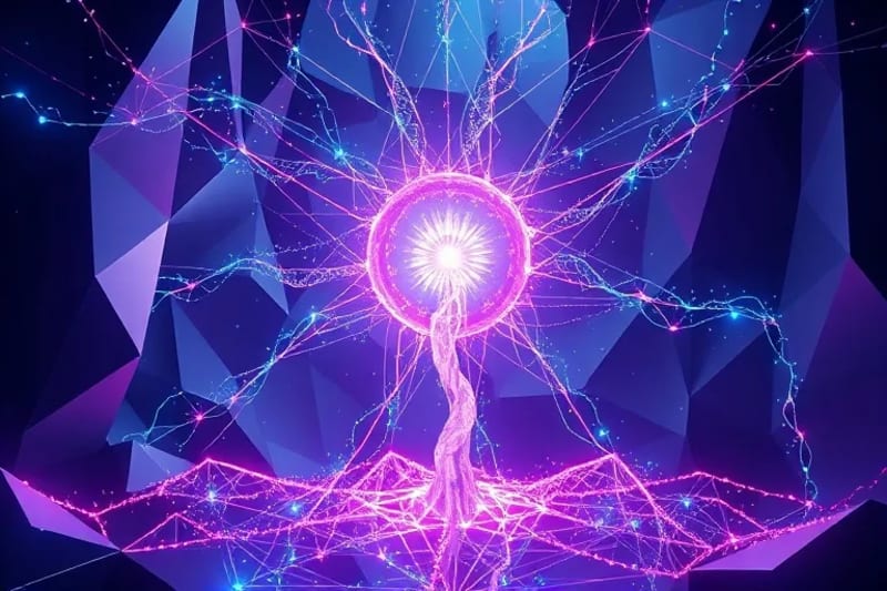 Intrincados patrones de redes neuronales y flujos de datos que convergen en una luz central, simbolizando la singularidad tecnológica y la conciencia emergente de la IA.