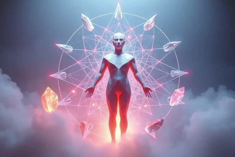 Renderizado 3D conceptual de un aura humana con líneas de energía vibrantes y cristales geométricos flotando alrededor.
