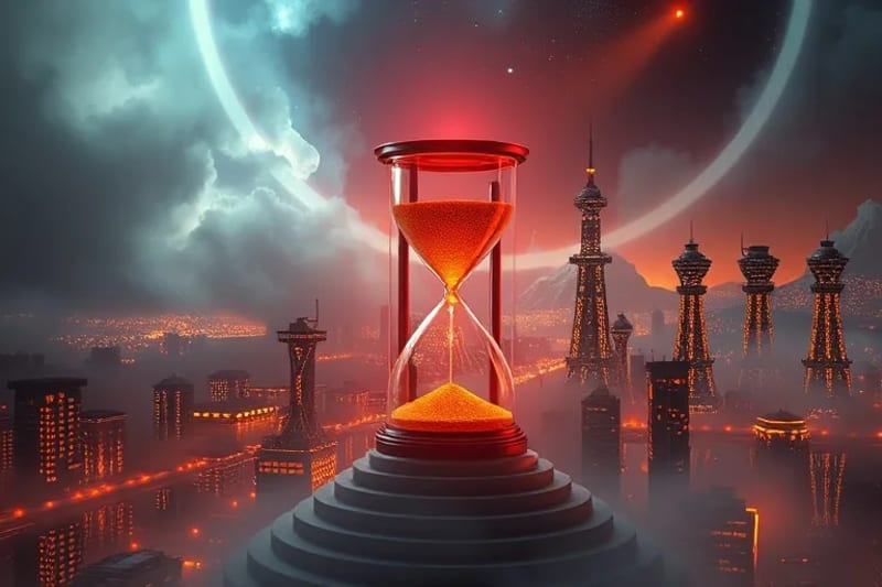 Un paisaje urbano futurista y desolado bajo un cielo estilizado, con un reloj de arena antiguo que vierte arena en una interfaz digital, simbolizando el paso del tiempo hacia una nueva era tecnológica.