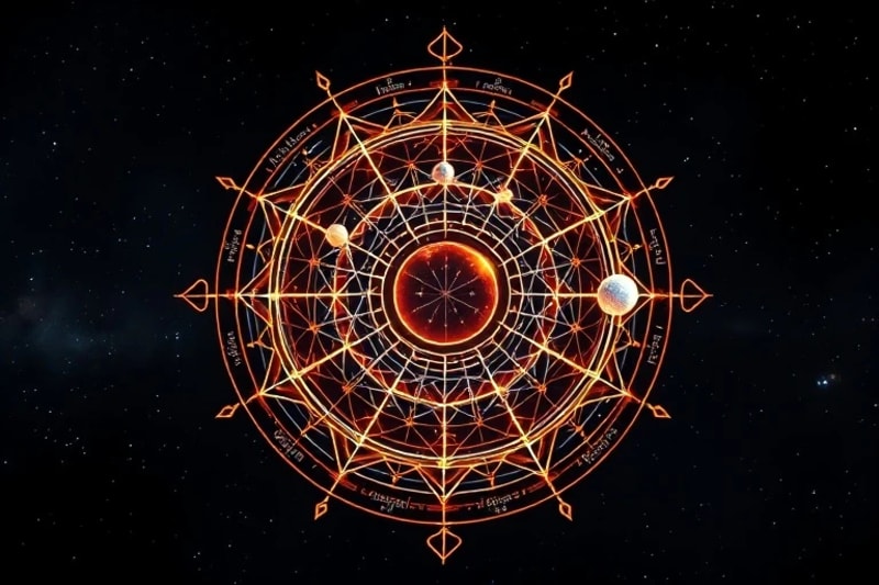 Holographic projection of a natal chart with luminous aspect lines, representing the analytical beauty and complexity of astrological mapping.