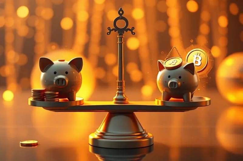 Balanza digital con criptomonedas y dinero fiduciario simbolizando el equilibrio ético en las inversiones.