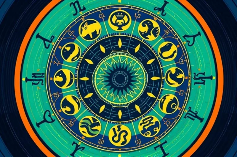 Infografía abstracta de símbolos zodiacales fusionados con iconos de tecnología digital