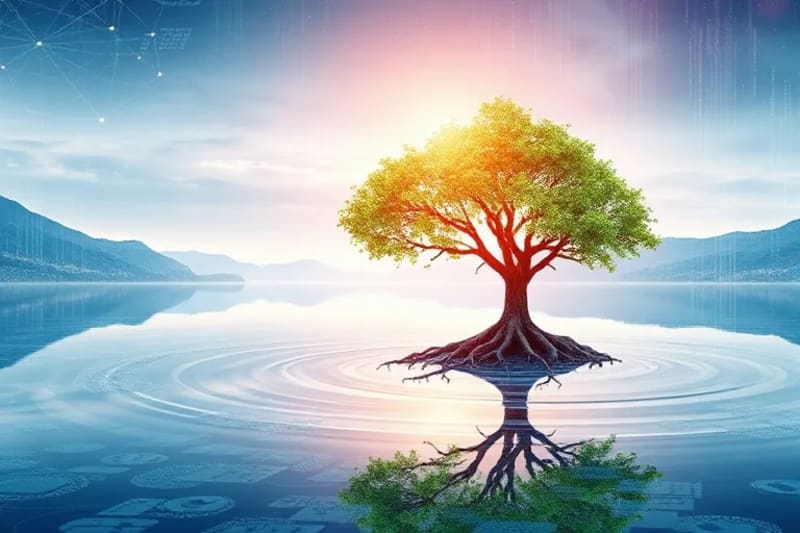 Paisaje acuarelado de un futuro tranquilo con elementos digitales integrados en la naturaleza, simbolizando el retiro financiero.