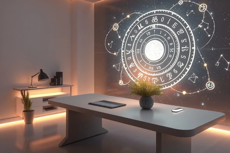 Espacio de trabajo futurista en realidad virtual con proyecciones holográficas de símbolos astrológicos