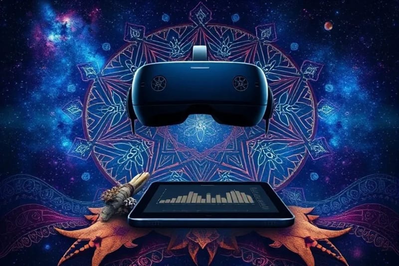 Still-life of VR headset with tribal patterns, river stone, sage, and tablet displaying biofeedback with ancient symbols