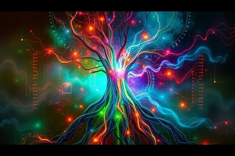 Abstract 3D render of energy flow with glowing digital circuits merging with organic root-like structures