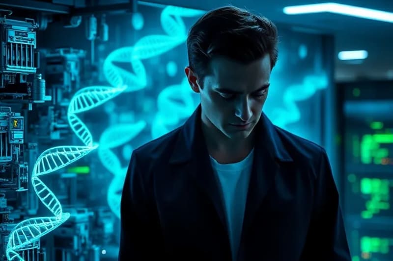 Representación de un laboratorio de biohacking hormonal masculino con secuenciación genómica y datos holográficos.